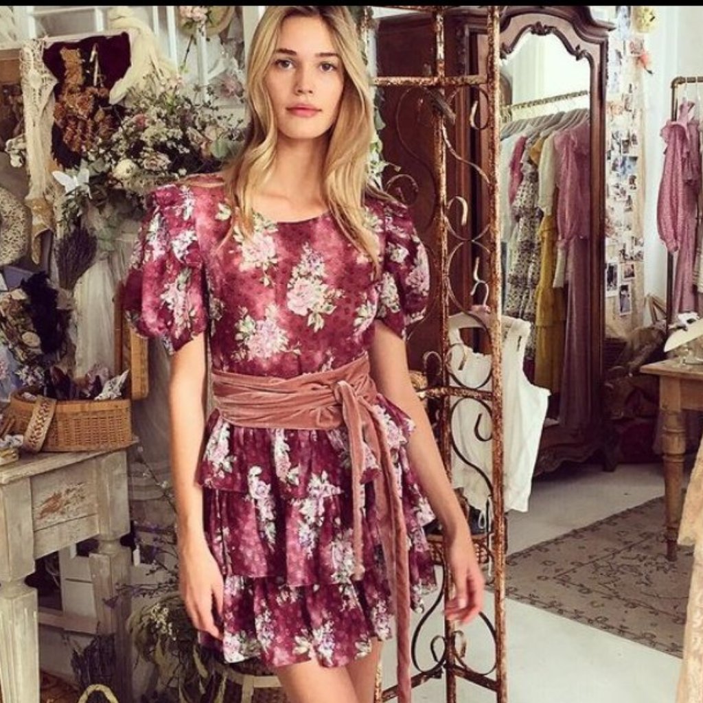 Loveshackfancy Cata Silk Mini Ruffle Dress Floral S